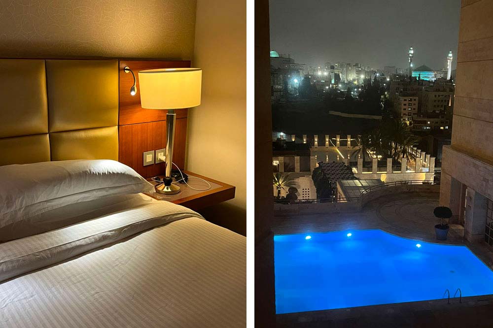 Chambre et vue de la piscine, le soir (hôtel Hyatt Amman)