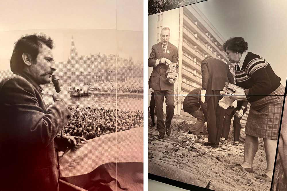 Lech Walesa faisant un discours et militants