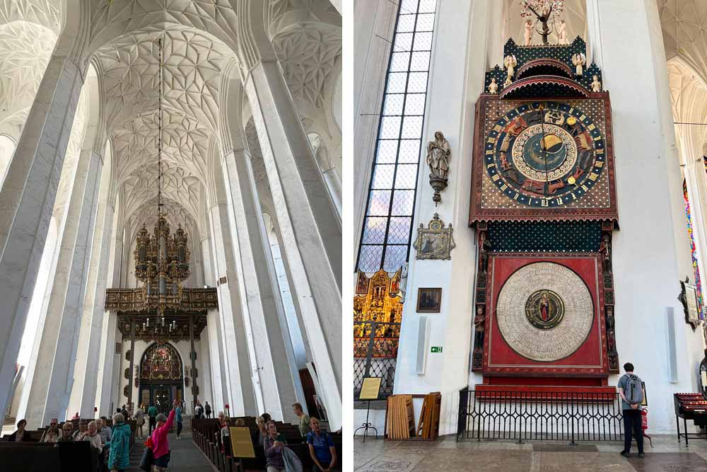 L’intérieur de la basilique et à droite, son horloge astronomique