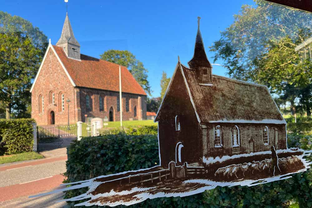 Drenthe - l’Eglise de Zweeloo; au premier plan, la reproduction du dessin de Van Gogh
