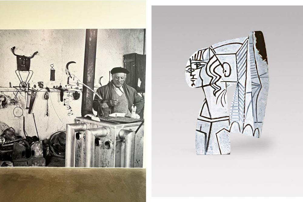 Guggenheim Bilbao - Picasso dans son atelier du Fournas (Vallauris). Photo : Edward Quinn (Le Fournas, 1953) ©Valérie Collet. A droite : Pablo Picasso, Sylvette, 1954