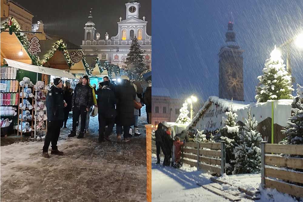 La neige est recouvert le joli petit marché de Noël de Ceske Budejovice d’un épais manteau.