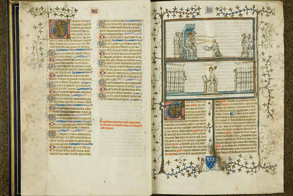 Ducs - Nicole Oresme offre sa traduction des Éthiques au roi Charles V, Paris, 1398 Manuscrit enluminé par Perrin Remiet. Chantilly, Bibliothèque du musée Condé 