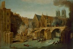 Jean-Baptiste Oudry, Le Petit Pont après l’incendie, il sera reconstruit sans les maisons. Notre-Dame à l'arrière-plan n'a pas encore sa flèche ©musée Carnavalet