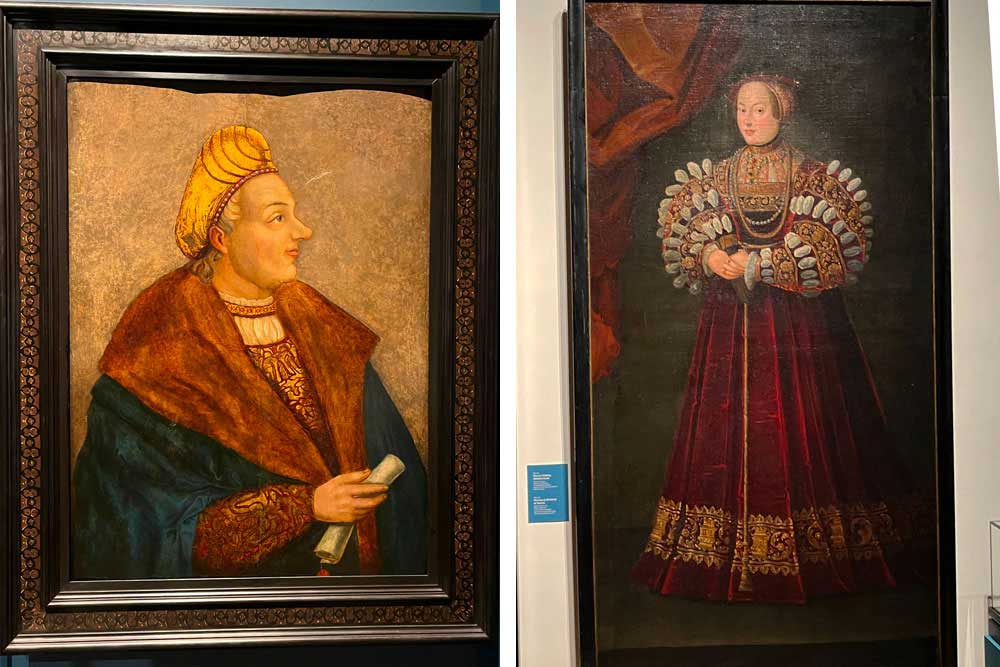 Portrait du roi Sigismond I (XVIIIe siècle, artiste inconnu, musée de Varsovie). A droite, Portrait d’Elizabeth d’Autriche (Autriche après 1542): prêt permanent du musée national allemand de Nuremberg
