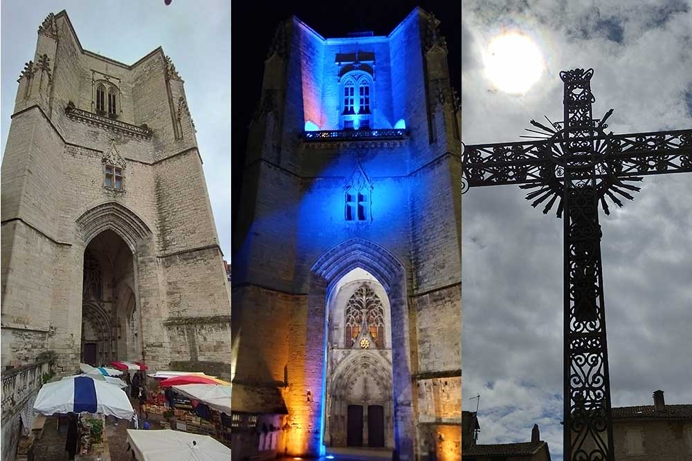 Vue nocturne de la collégiale qui avec le jour (à droite) révèle son gigantisme. Au centre, la croix qui domine la place Notre-Dame. 
