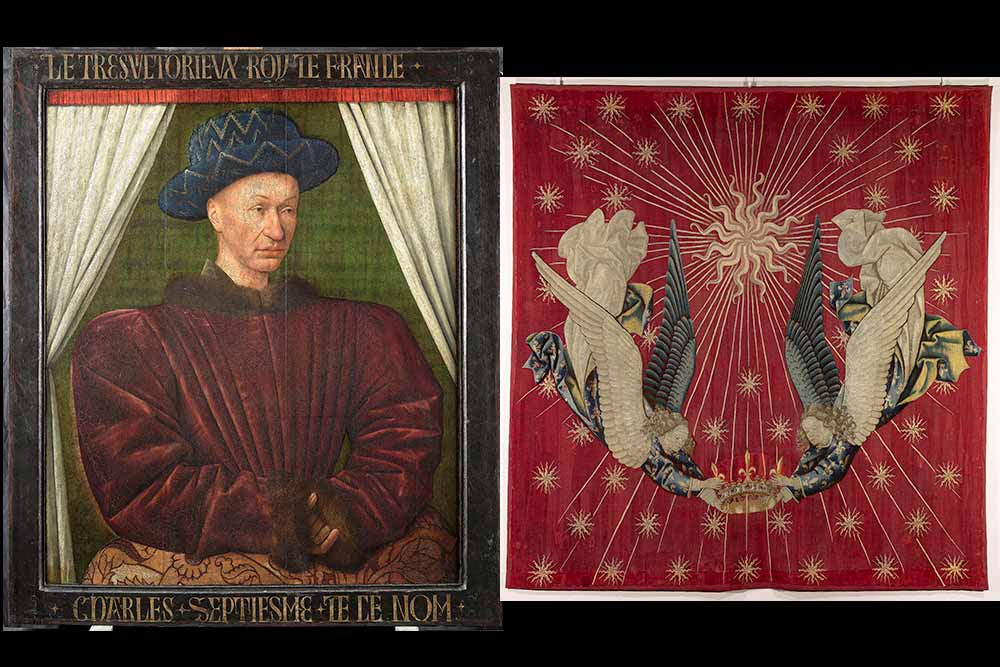 Jean Fouquet portrait de Charles VII, hsb c 1450/1455,. Ouverture : Jean Fouquet portrait de Charles VII, hsb c 1450/1455, © RMN-Grand Palais (musée du Louvre) / ph.Tony Querrec. Dais de Charles VII, d'après Jacob de Littemont, c.1430/40, Paros, musée du Louvre.