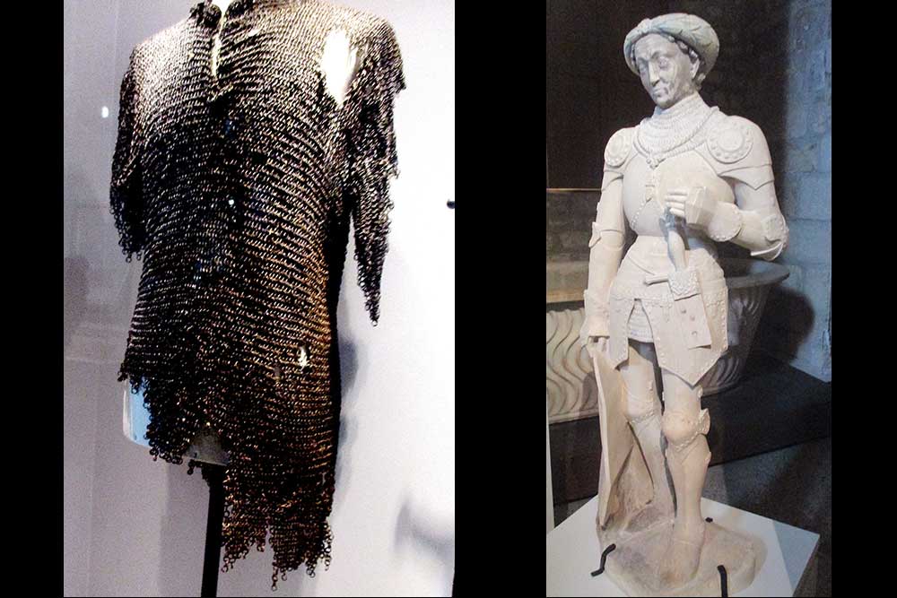 Charles VII - Les débris d'une cotte de maille ramassée sur le champ de bataille de Formigny (1450). Statue d'un jeune guerrier. Val de Loire, c.1460/70, h.108cm.