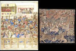 Barthélemy d'Eyck, extrait du Livre des Tournois, manuscrit exécuté pour René d'Anjou c.1462/65, Paris, BNF, dépt des manuscrits. Tapisserie des Cerfs ailés, c. 1453/61, Pays Bas ou Nord de la France. ©Yohann Deslandes