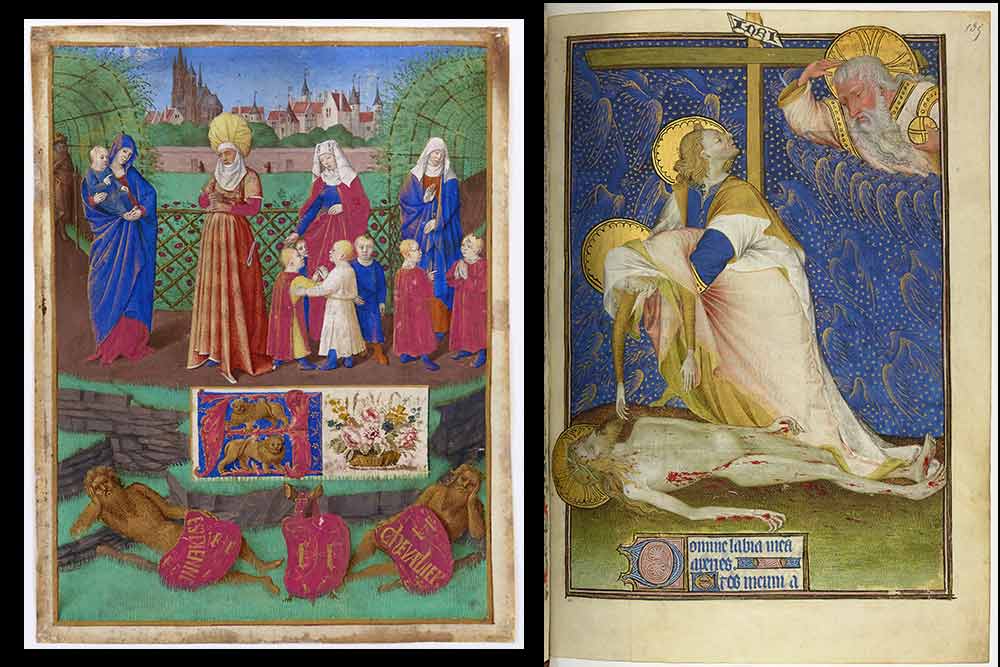 Modes du XVe s. feuillet parchemin des "Heures Collins" Bruges ? c.1450, Paris, Musée de Cluny. Descente de croix, Grandes heures de Rohan, c.1430/35, Paris BNF