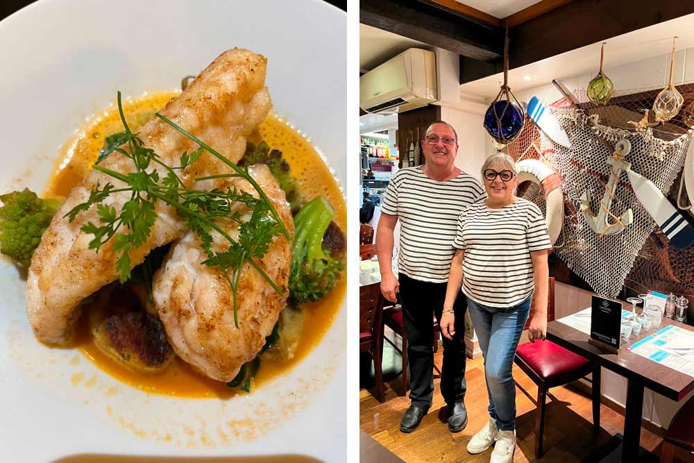 Tony et Sylvie Trenga, sympathiques patrons (et chef) du Monte Christo. A gauche, délicieux poisson du jour (Paris Méditerrannée)