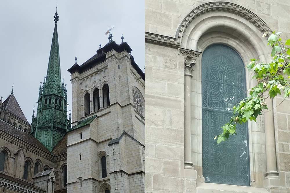 La flèche en cuivre de la cathédrale St-Pierre a été construite à la fin du XIXᵉ siècle. Elle est haute de 71 mètres. Derrière la cathédrale, une étrange sculpture murale.