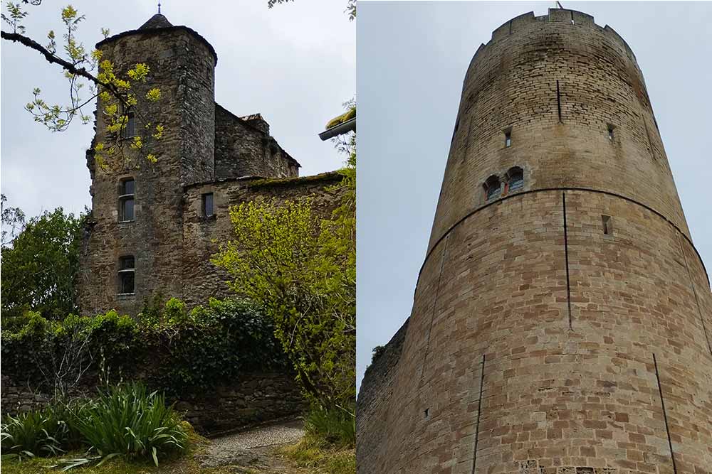 Najac - La rue conduisant à la forteresse et sa tour ronde, un donjon haut de 40 mètres.
