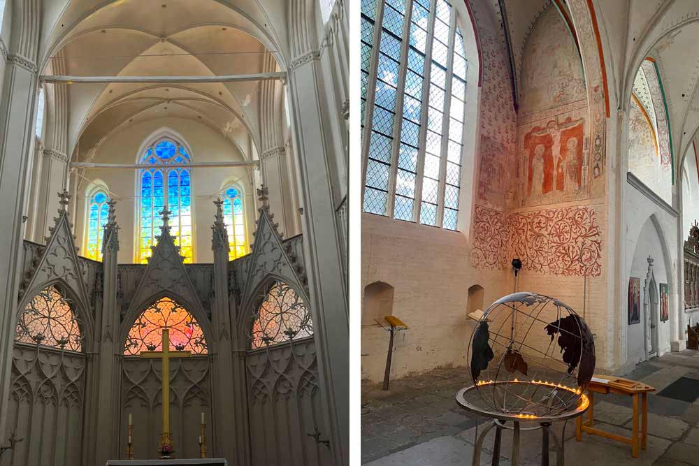 Friedrich - Eglise Saint-Nicolas : le vitrail d’Olafur Eliasson et à droite, les fresques médiévales.