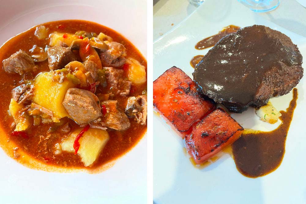 Goulache (Herrmann) et boeuf braisé avec melon grillé et gnocchi (Natürlich Büttners)