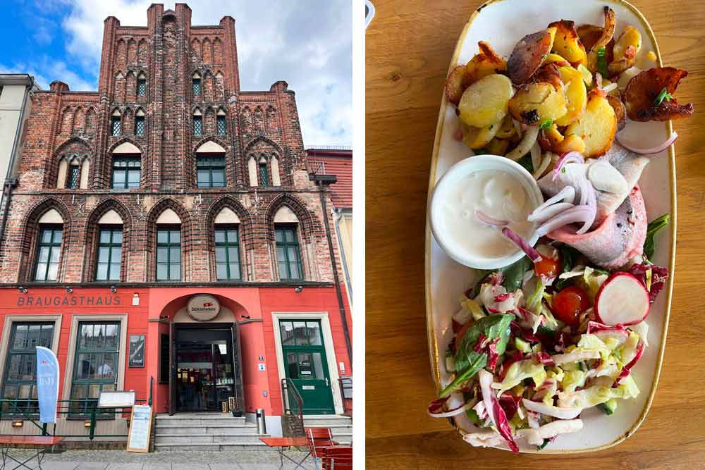 Façade du restaurant Störtebeker Braugasthaus. A droite, harengs marinés aux oignons avec pommes de terre et salade (Braugasthaus Doldenmädel)