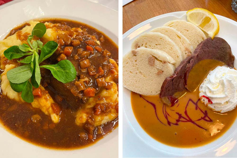 Joue de boeuf et purée de pomme de terre, sauce au vin rouge et légumes (hôtel U Beranka). A droite, boeuf et quenelle, sauce aux légumes (hôtel Orlik)