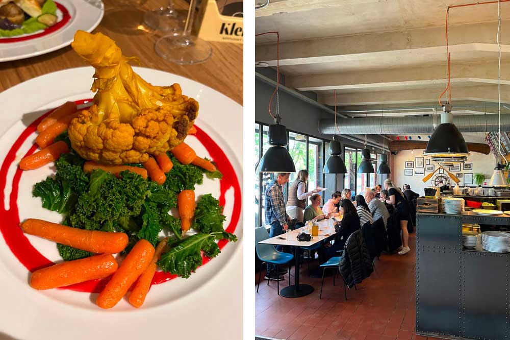 Assiette végétarienne avec chou fleur au curry. Et à droite, vue de la salle et du bar (Naplakva)