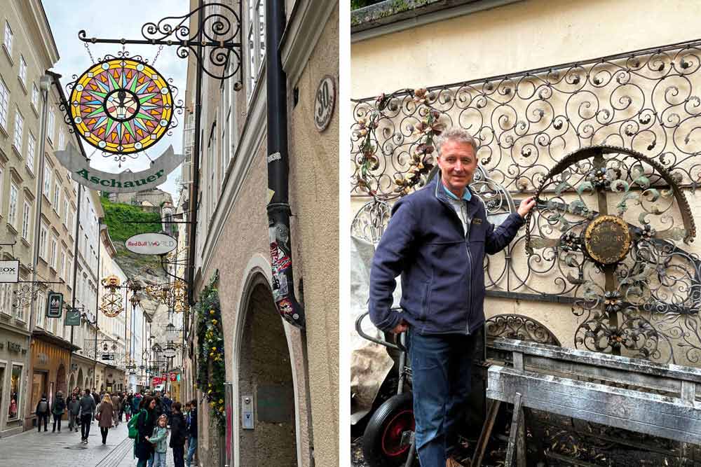 La Getreidegasse et à droite, Christian Wieber, un des derniers fabricants d’enseignes.