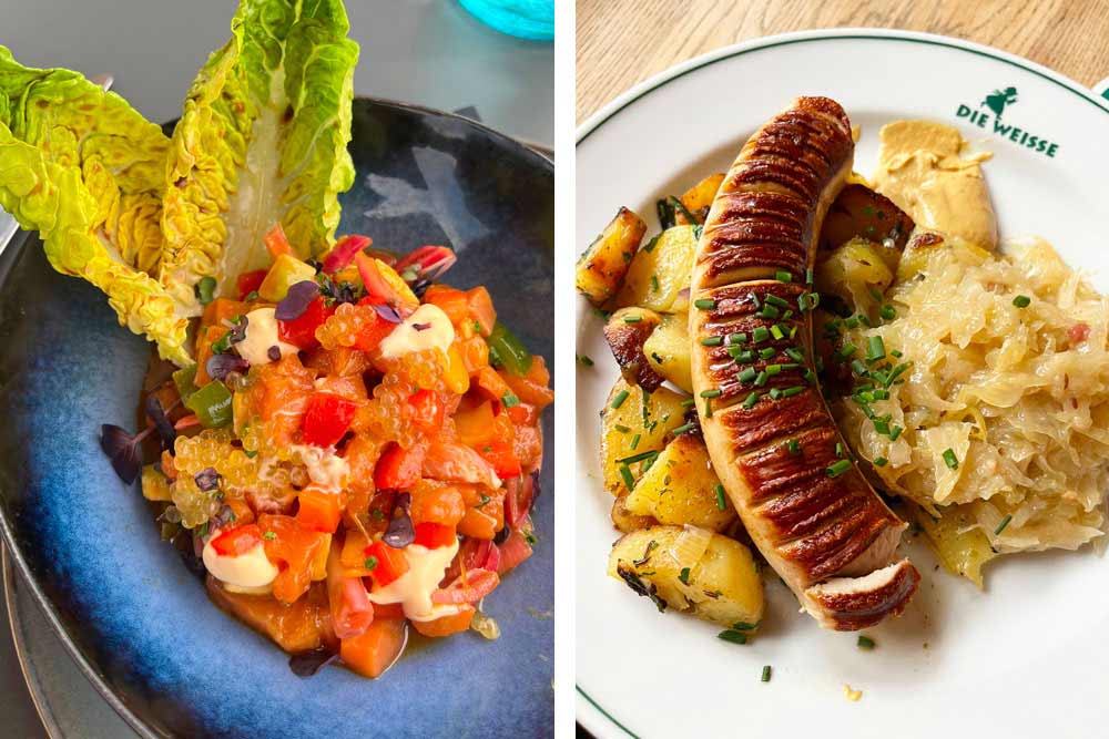 Salzbourg - Ceviche (Steinterrasse) et saucisse aux herbes, choucroute et pommes de terre (Die Weisse).