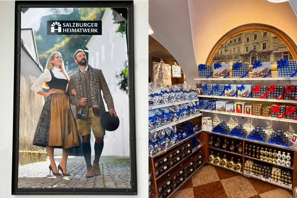 Affiche de la Salzburger Heimatwerk représentant un couple en habits traditionnels (encore très portés en Autriche). A droite, la boutique Fürst.