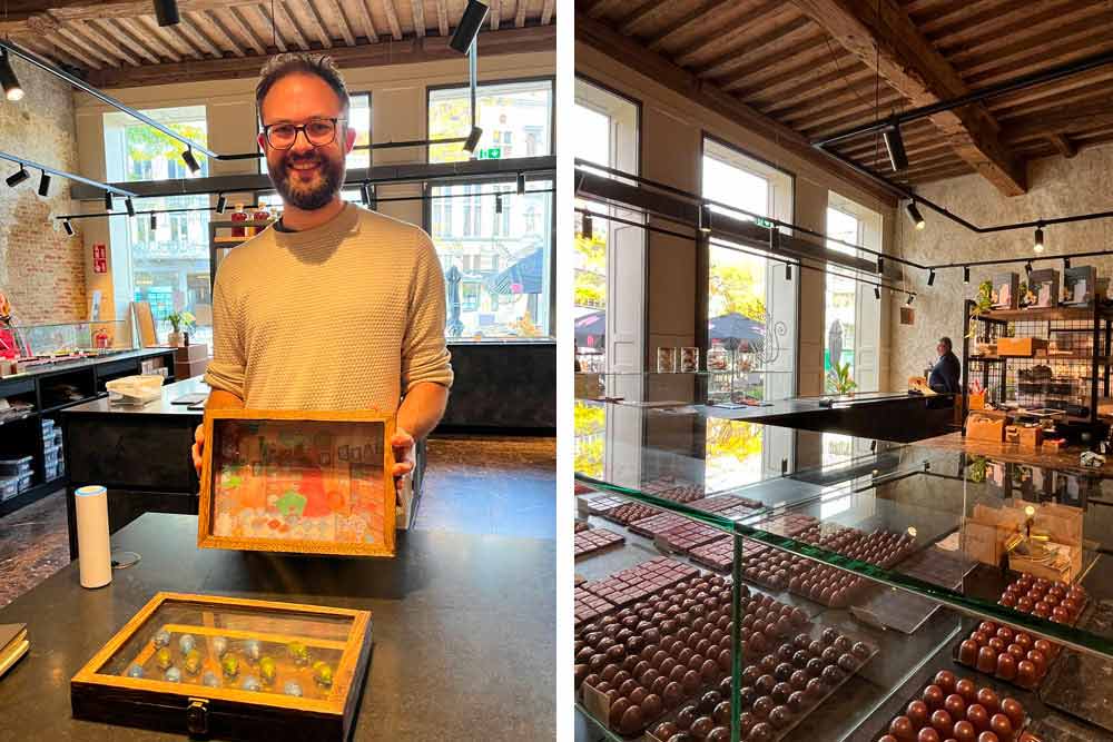 La chocolaterie Pieter Vaes avec à gauche les scarabées spéciaux Mmm Malines