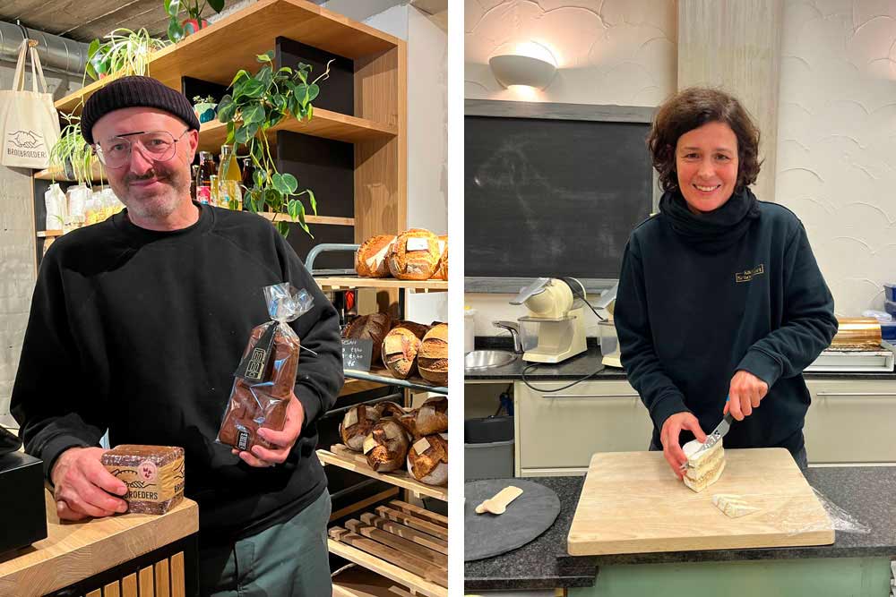 La boulangerie Broodbroeders et ses pains d’épice façon Renaissance. A droite, Sophie de la fromagerie Schockaert