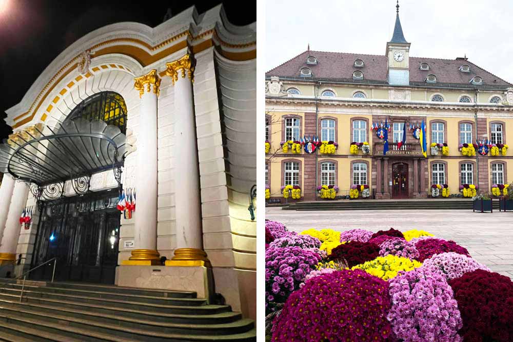 Belfort - La salle des fêtes de style Art Nouveau. A droite, l’hôtel de Ville XVIIIe