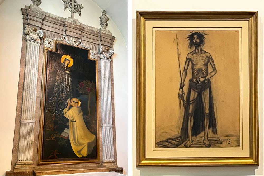 Vierge remettant le rosaire à saint Dominique par Gustave van de Woestyne. A droite, dessin du Christ par Albert Servaes