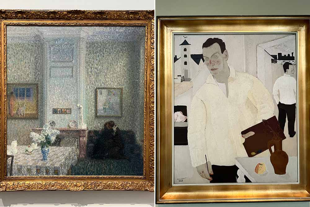 Intérieur ou Les Amoureux par Leon de Smet (1911). A droite, Autoportrait d’Hubert Malfait (1928)
