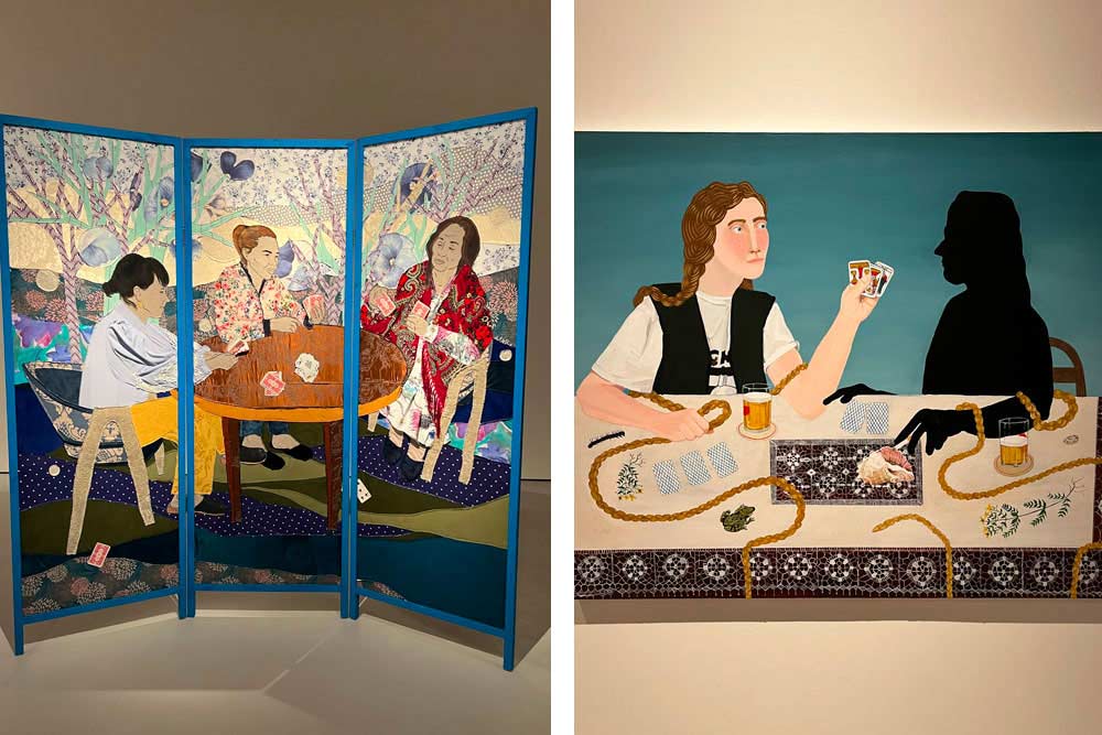 Basiawen ando karti (2014) par Malgorzata Mirga-Tas, artiste et activiste rom née en Pologne. A droite, Ombre par Delphine Somers (2022)