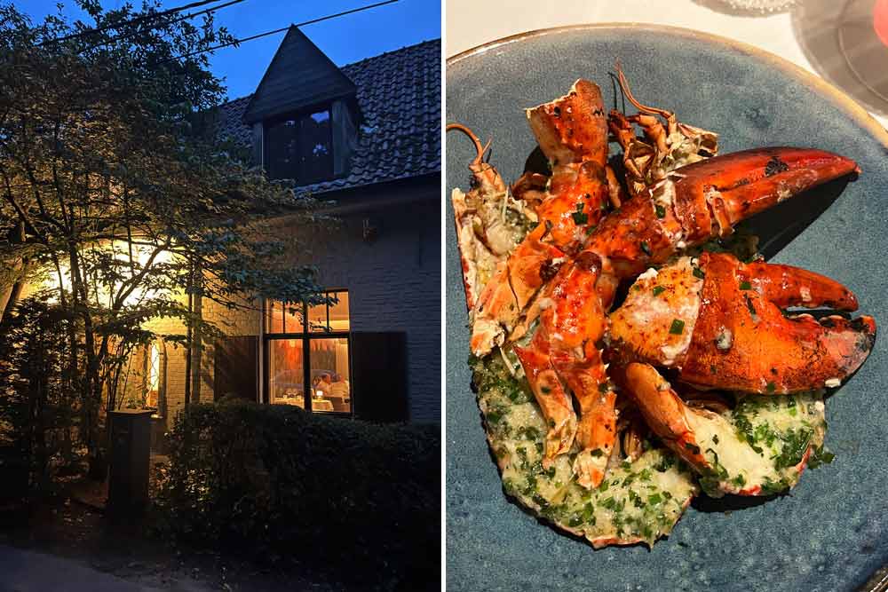 Vue nocturne d’Oude Schuur. A droite, assiette de homard (D’Oude Schuur)