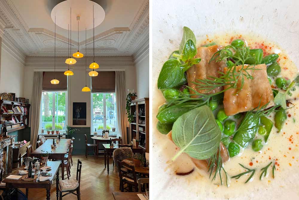 La sympathique salle du Plein Twaalf (Courtrai). A droite, roussette, petits pois et jus fruits de mer (RAAF à Gand)