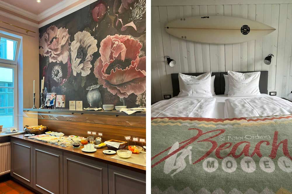 Buffet de petit déjeuner (Klassik Alstadt Hotel). A droite, chambre du Beach Motel (St. Peter Ording)