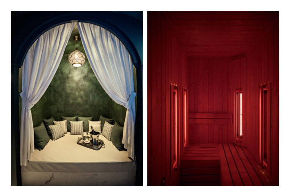 L'Espace détente à gauche et le sauna à droite.