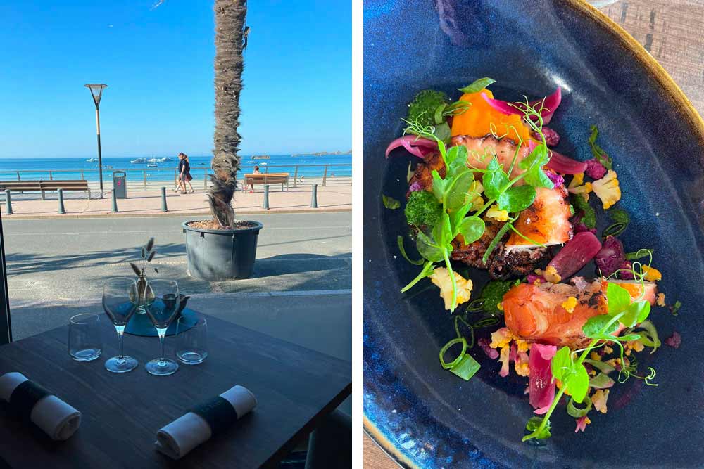 Table en terrasse à La Suite. A droite, Poulpe saisi au pesto, ail et coriandre, mousseline de patate douce au citron vert, pickles de chou fleur (La Suite).