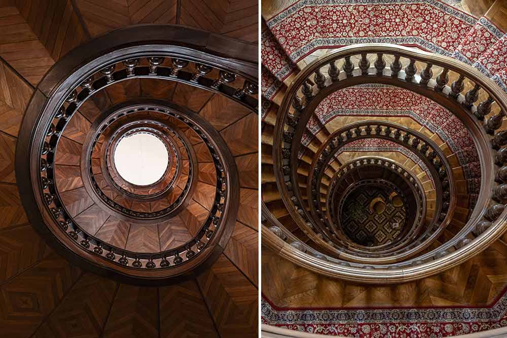 L’escalier de l’hôtel vu d’en bas et vu d’en haut. Majorelle a sculpté ici un chef-d’œuvre du XIXe siècle.