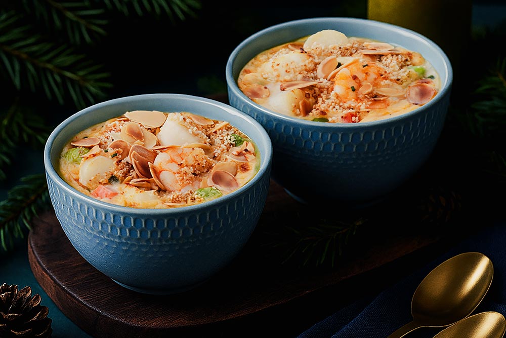 Casollettes : mélange de lottedu Cap, crevettes et noix de Saint-Jacques.