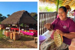 Arts-guyanais - Carbet amérindien et vanneries ©FMarie_LECTGuyane. A droite, Vannière amérindienne, centre culturel Kalawashi, Kourou