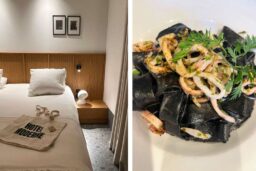 Chambre de l’hôtel Moderne. A droite, calmars et tagliatelles à l’encre de sèche (les Quatre Vents).