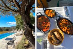 Sud-Corse - Le domaine de Peretti della Rocca : sa terrasse et plats typiques tels le gratiné d’aubergines ou les fagioli componi (haricots et saucisse de veau).