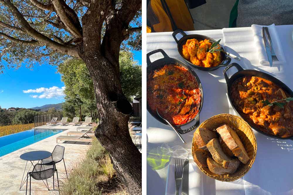 Sud-Corse - Le domaine de Peretti della Rocca : sa terrasse et plats typiques tels le gratiné d’aubergines ou les fagioli componi (haricots et saucisse de veau).