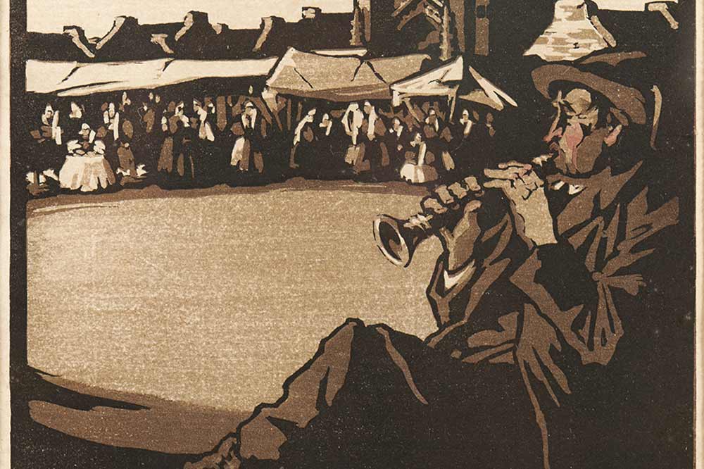 Georges Geo-Fourrier (1898-1966) dit Geo-Fourrier, Saint-Guénolé : le sonneur de bombarde, 1927Gravure sur bois, n°2/30 – 20 x 20 cm, collection particulière 