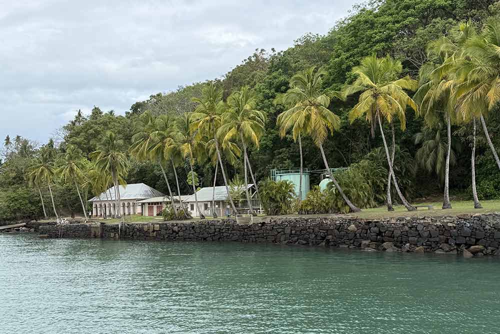 Îles-du-Salut - En approchant de l’île Royale, les premiers bâtiments apparaissent au bord de l’eau, sous les palmiers.