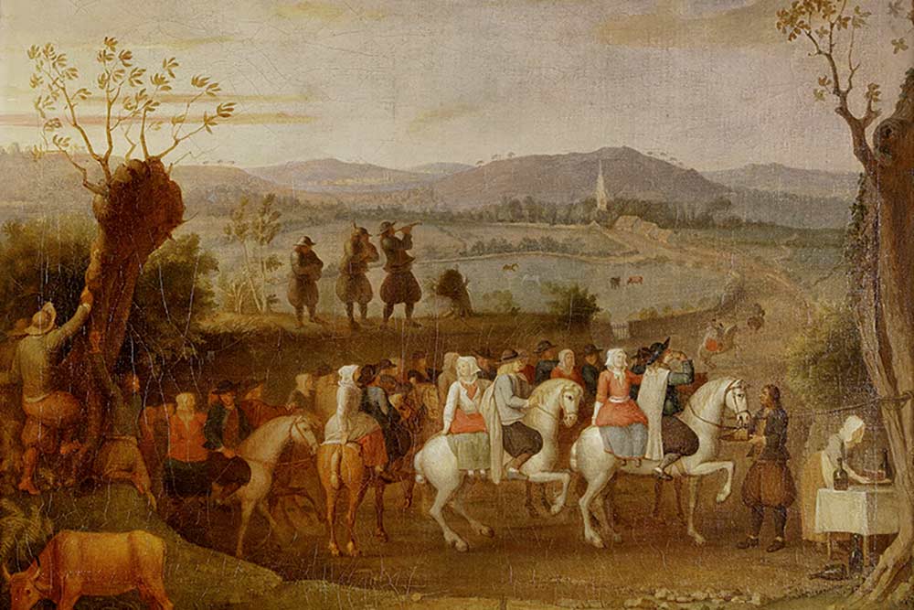 Les Sonneurs - Olivier Perrin (1761-1832), Départ d’une cavalcade de noce, vers 1810 ( ?), huile sur toile – 54 x 64 cm, collection du musée d’Art et d’Histoire – Ville de Saint-Brieuc, domaine public, inv. 89.1.2 