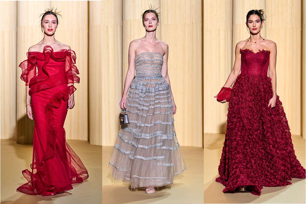 Longue robe sirène en tulle rouge avec cascade de ruchés. Longue robe bustier en tulle taupe recouvert de rayures en guipure argentée. Maxi robe bustier en tulle bordeaux et jupe recouverte de roses en découpe laser.