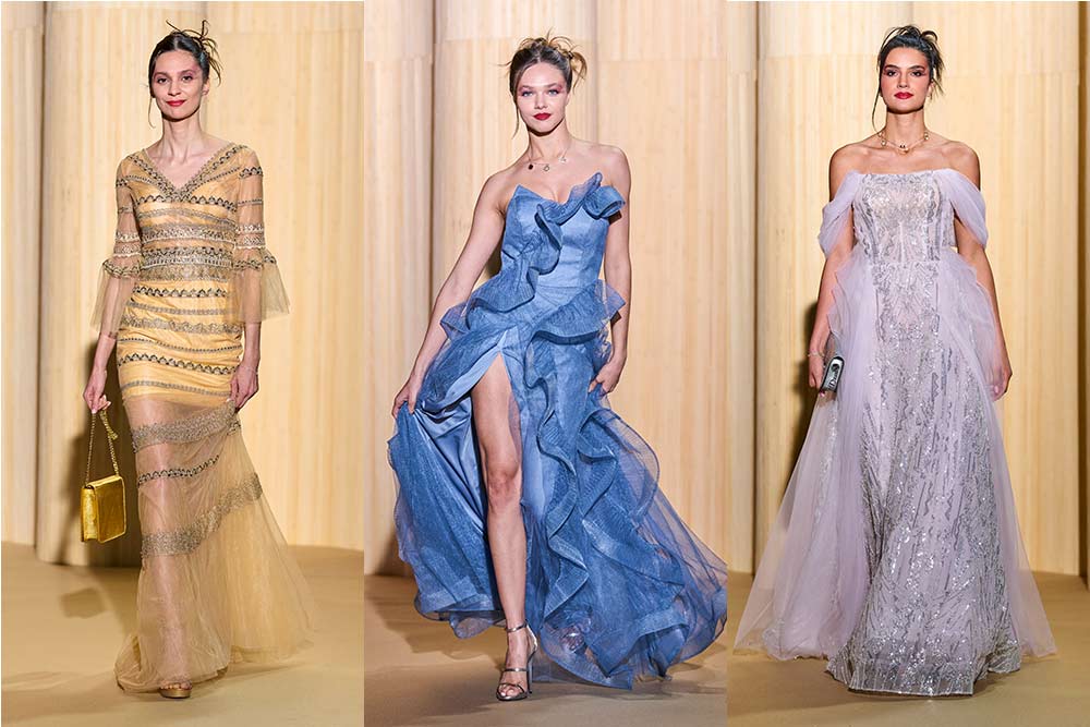 Christophe Guillarmé - Longue robe sirène en tulle ambre recouvert de rayures en guipure dorée. Robe fendue en tulle bleu avec cascade de ruchés. Longue robe bustier drapée en tulle rose poudré recouvert de sequins.