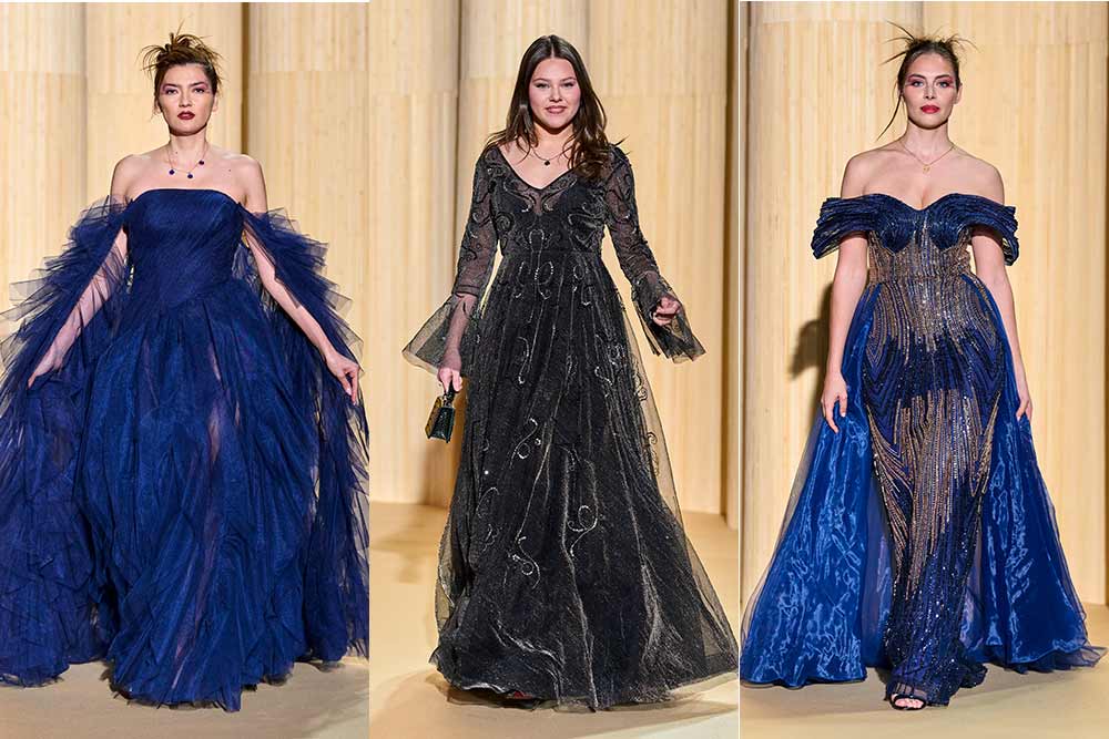 Christophe Guillarmé - Maxi robe bustier à cape et fendue en tulle marine recouverte de ruchés Longue robe à manches pagode en tulle irisé noir rebrodé de cristaux Longue robe fourreau à traine en tulle marine rebrodé avec manchons en volutes