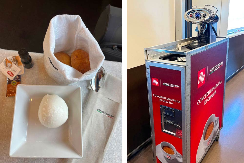Mozzarelle de buffle avec ses petits pains et son huile d’olive. A droite, le trolley et sa machine à café