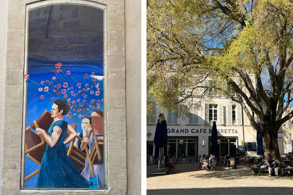 Avignon - Fenêtre peinte. A droite, la place Saint-Didier et le café Barretta